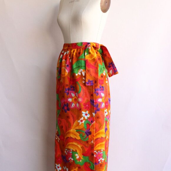 Vintage 1960s Skirt, Beverly Vogue Wrap Maxi Skirt, Tiki Flower Power - Picture 7 of 10